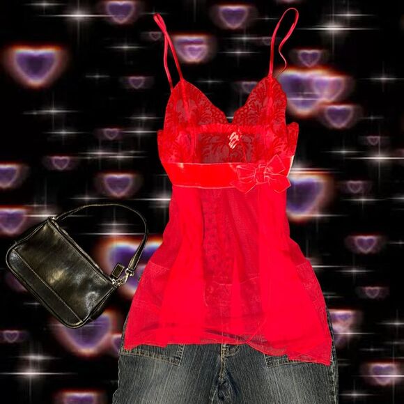 Y2K Victoria's Secret Red Velvet Bow Micro Mesh Slip Nightwear - Picture 1 of 6